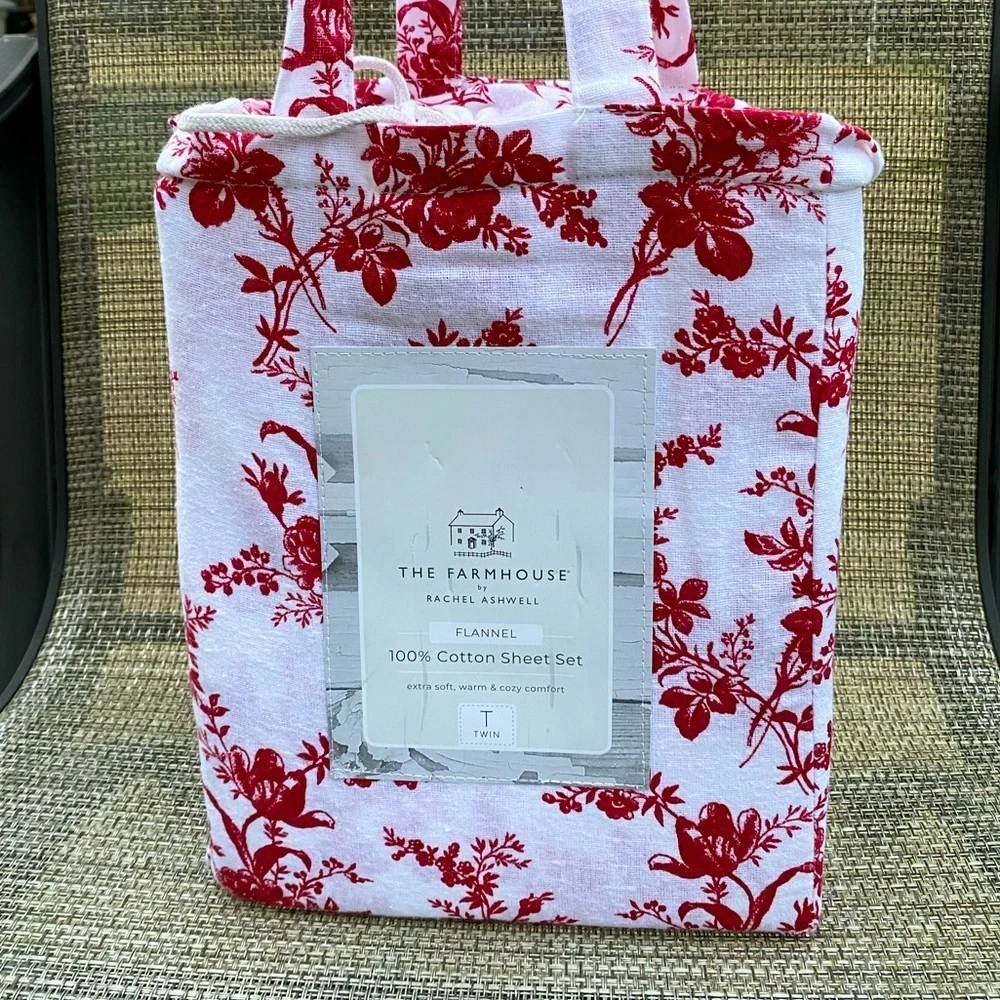 The Farmhouse Rachel Ashwell Red White Floral Flannel Cotton TWIN Sheet Set 3pc